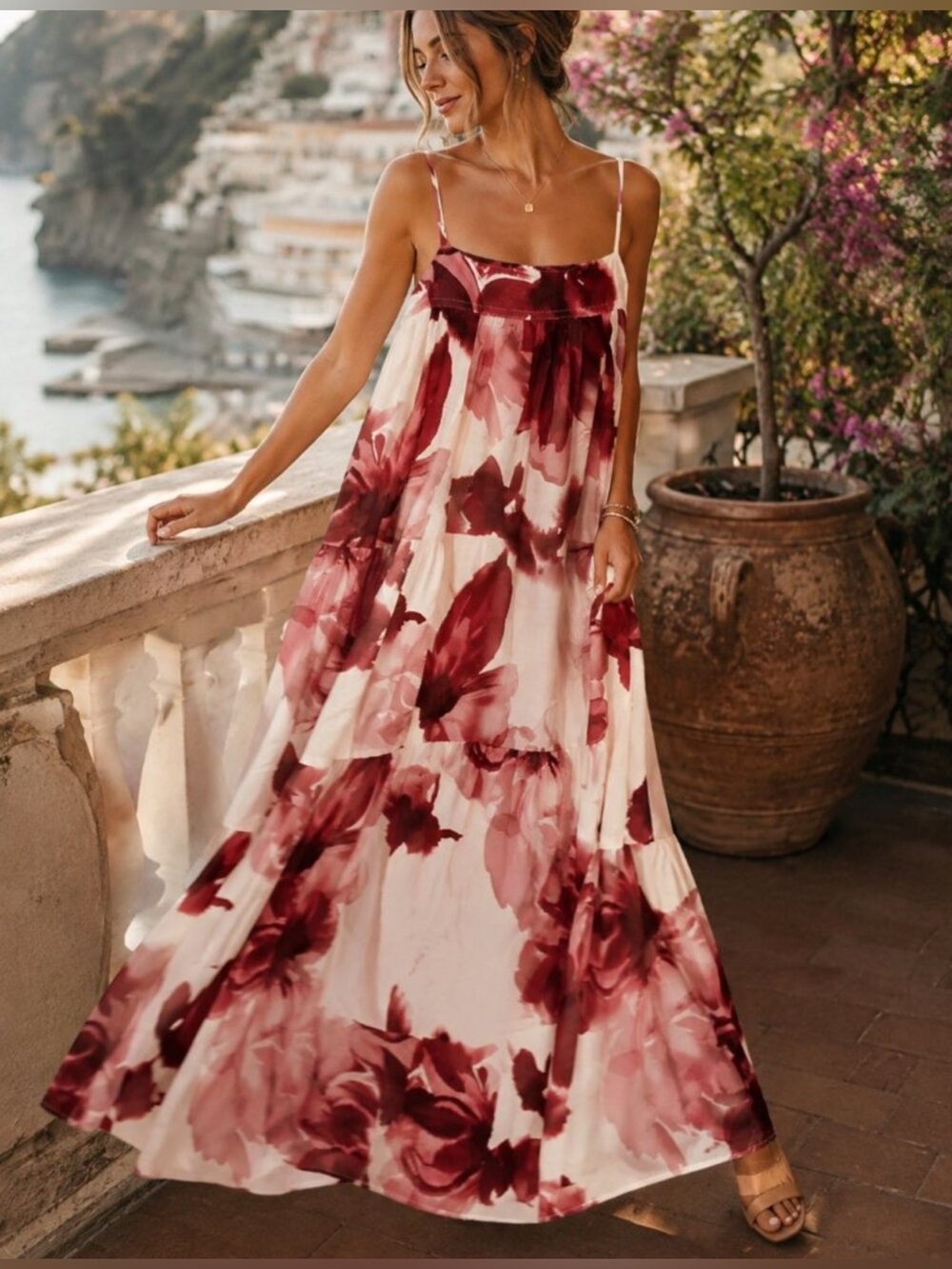 Anthropologie Abel the Label Raspberry and Cream Floral Maxi Dress